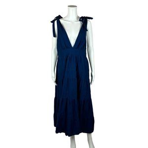 House of Harlow 1960 Navy Blue Linen Dress Plunging Neckline Tiered Sundress XL